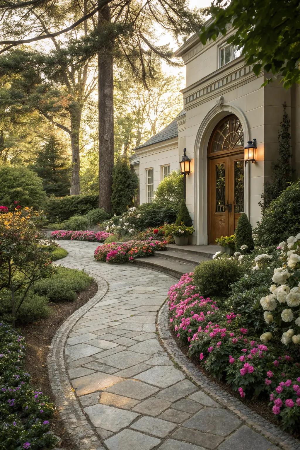 A stone pathway leading guests towards the home.