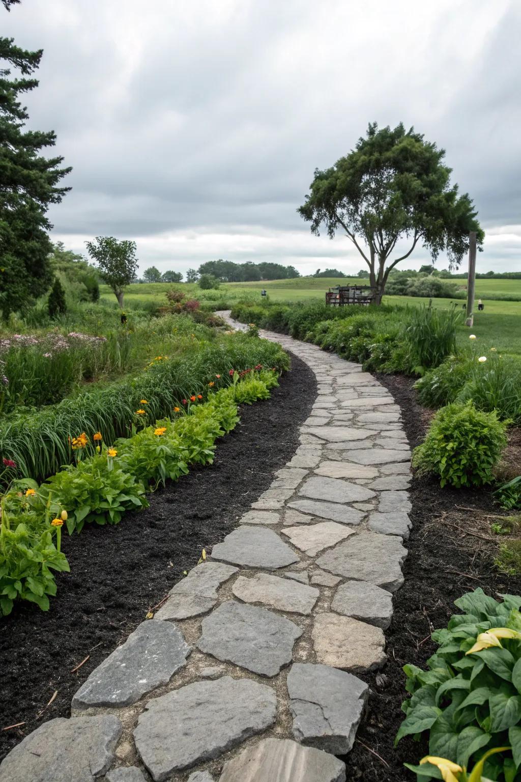 Stone paths look great against dark ground cover.
