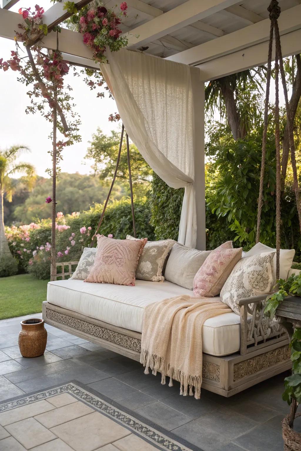 Swinging daybeds introduce an ethereal touch to patio relaxation.