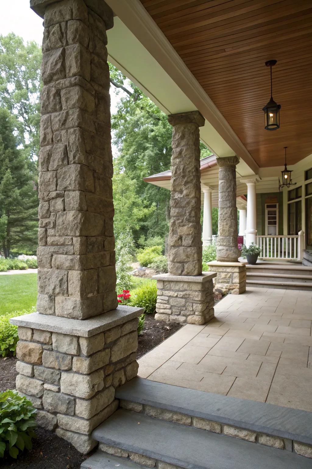 The use of stone foundations on porch columns lends the space texture and a hint of elegance.