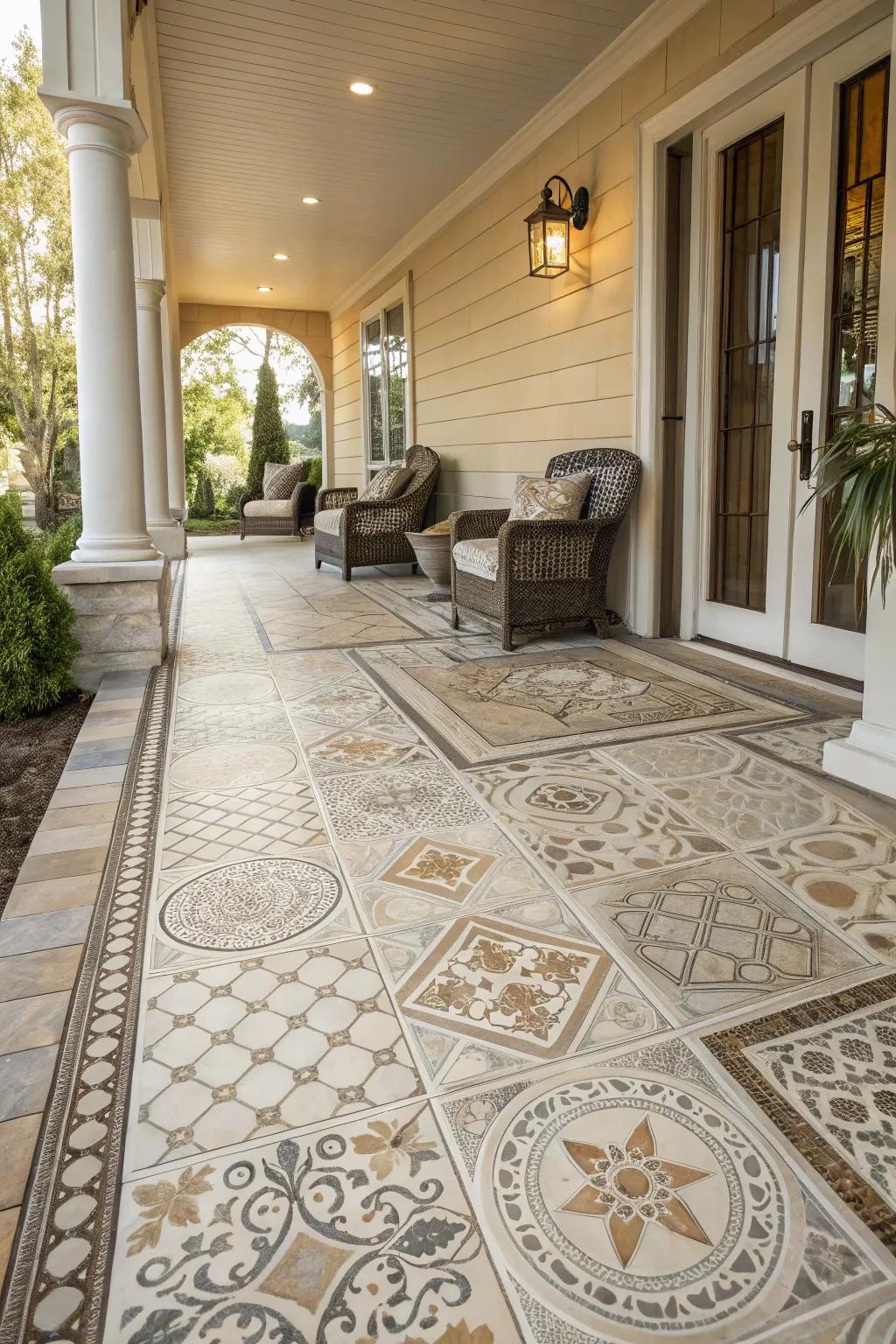 Porcelain tiles introduce versatility and flair to any porch design.