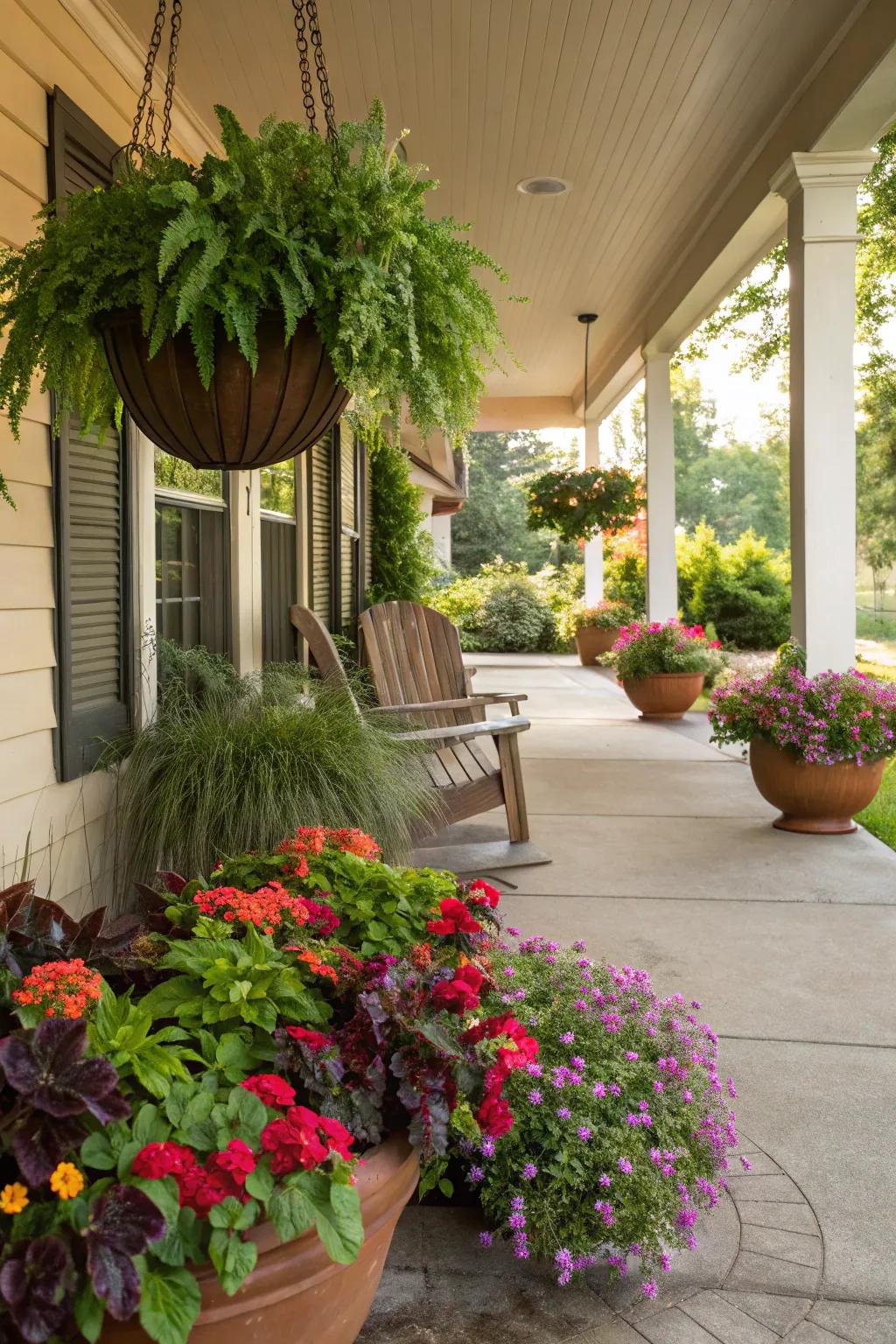 A front porch adorned with colorful planters filled with flowers.