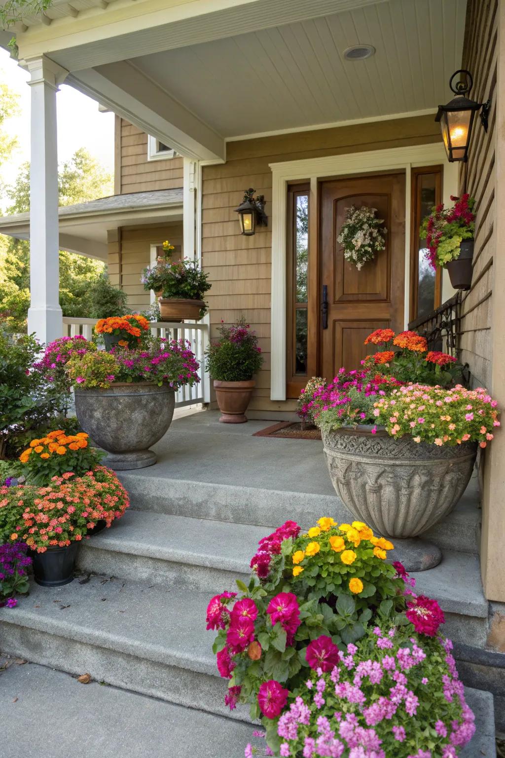 Decorative pots filled with colorful flowers adorn this charming front porch.