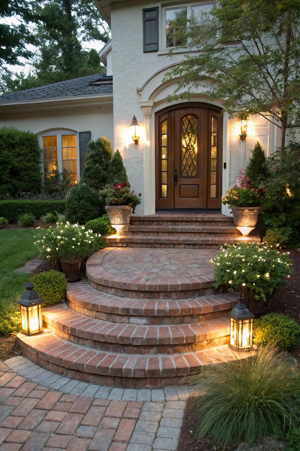 Elegant brick steps create an impressive entrance.