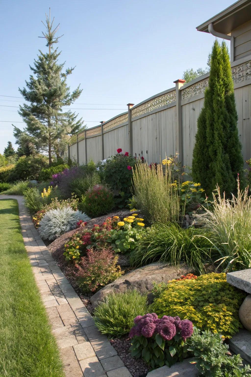A carefully tiered planting scheme adding dimension to a corner landscape.