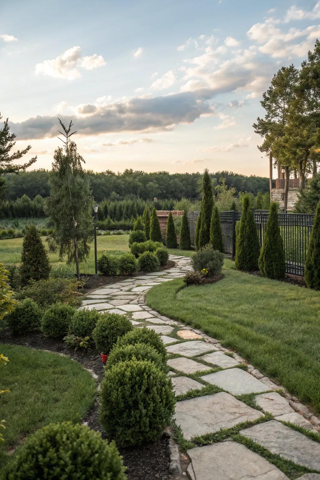 Stone walkways meander through vibrant evergreen landscaping.