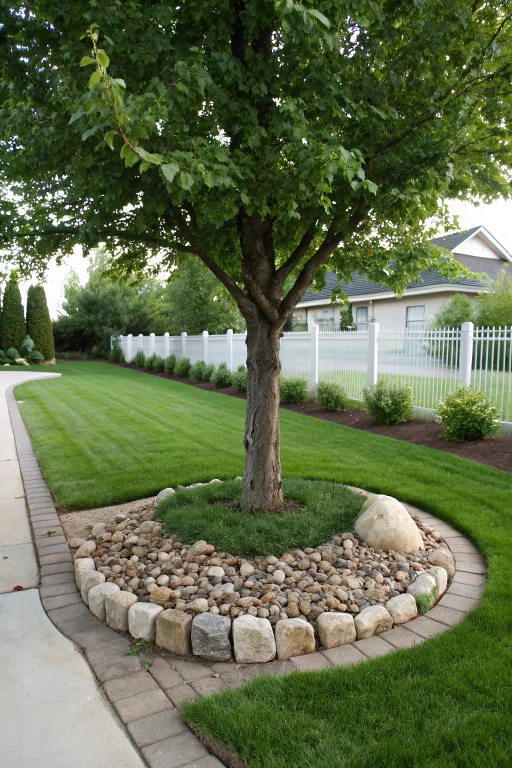 Stone and brick outlines give a traditional touch to tree landscaping.