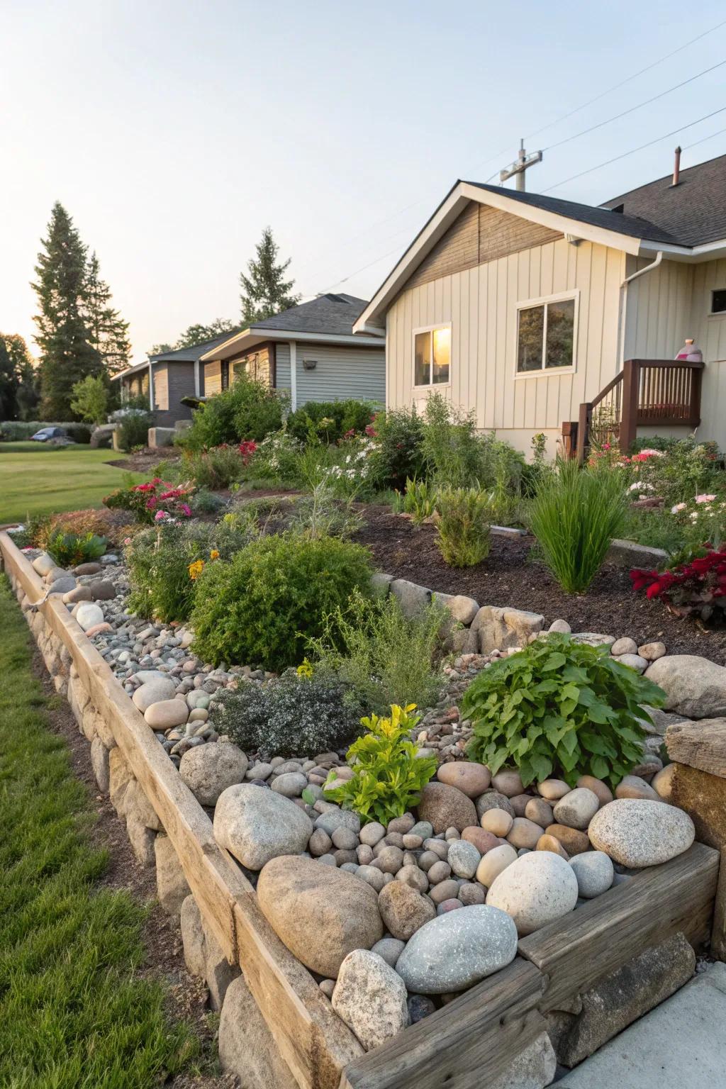 An elevated rock garden introducing depth and framework to a front yard.