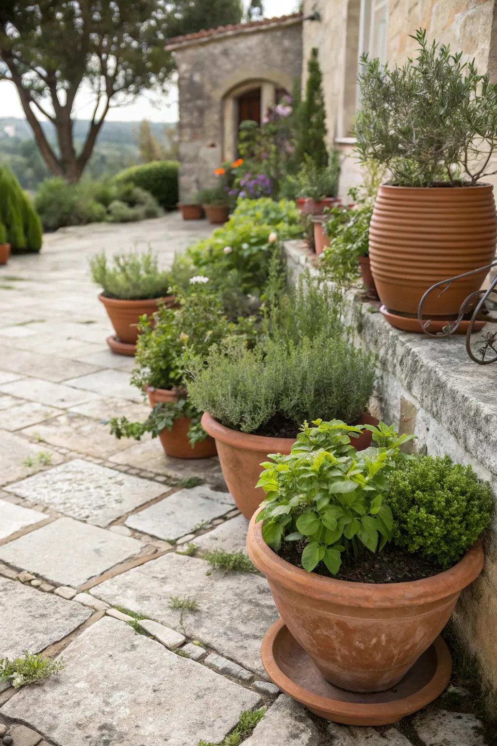 Earthenware pots filled with rich greenery bring warmth and personality to your front yard.