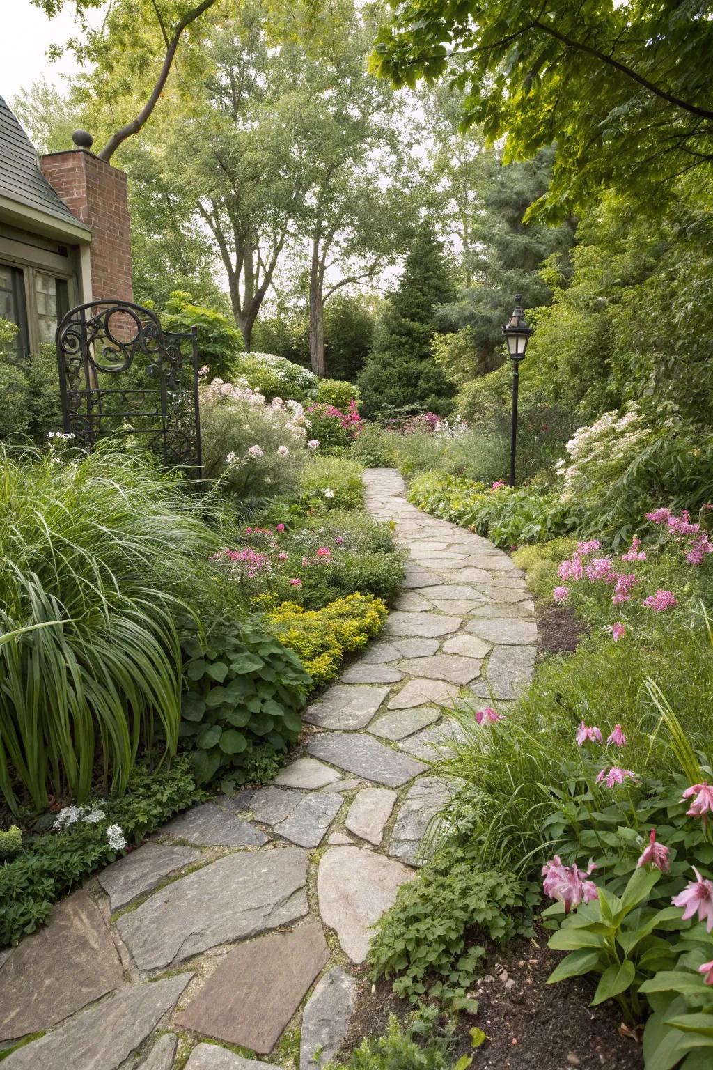 A stone pathway gracefully guides you through the garden.