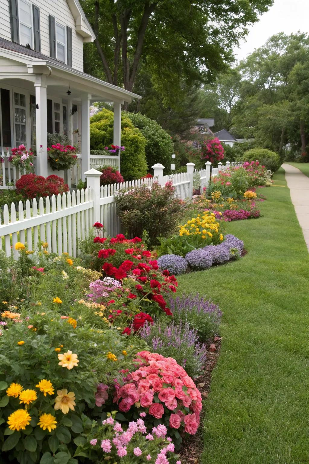 Vibrant plantings adding life to a ranch-style front yard
