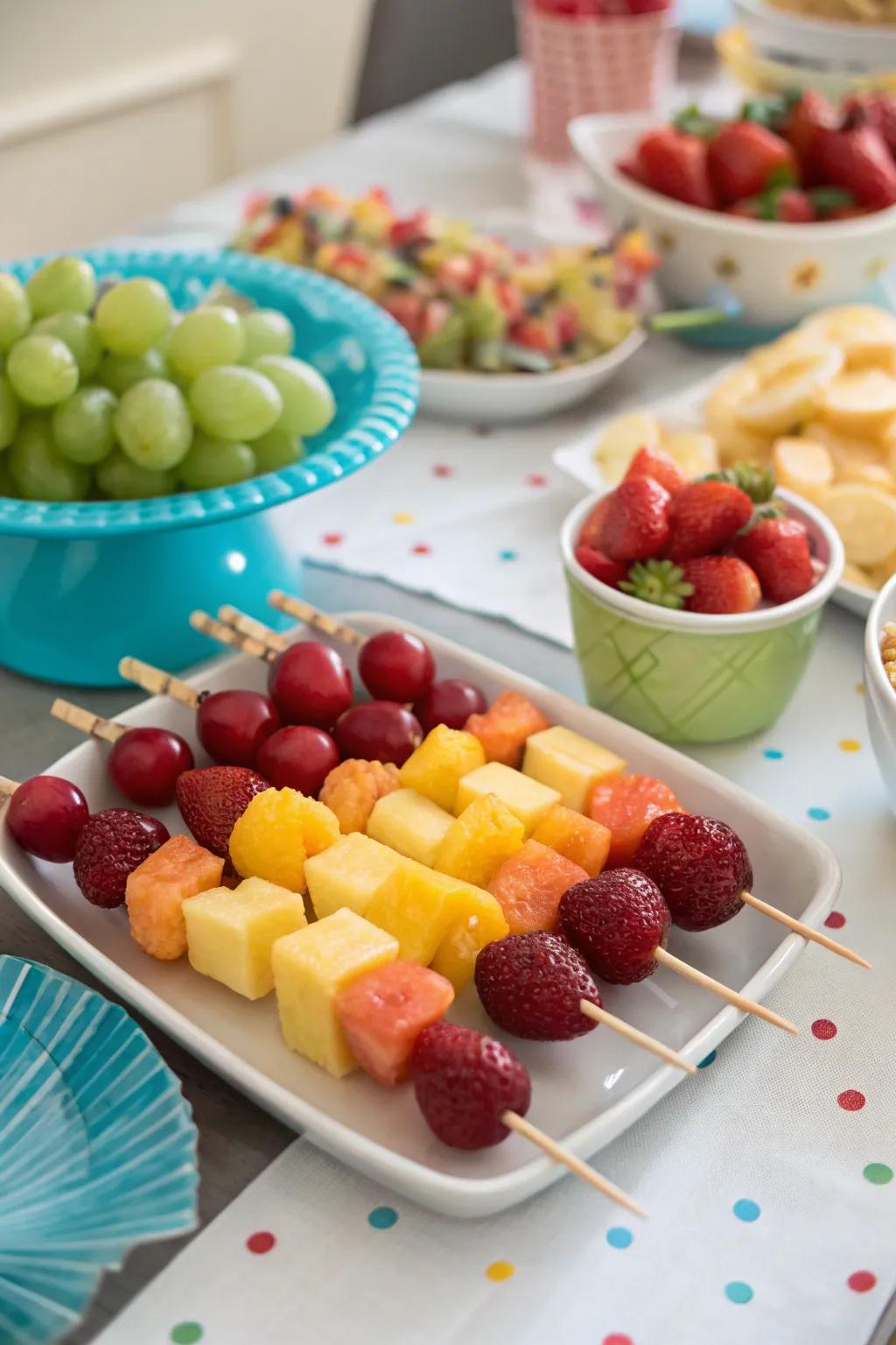 Fruit skewers offer a fun and easy way to enjoy fruit at parties.