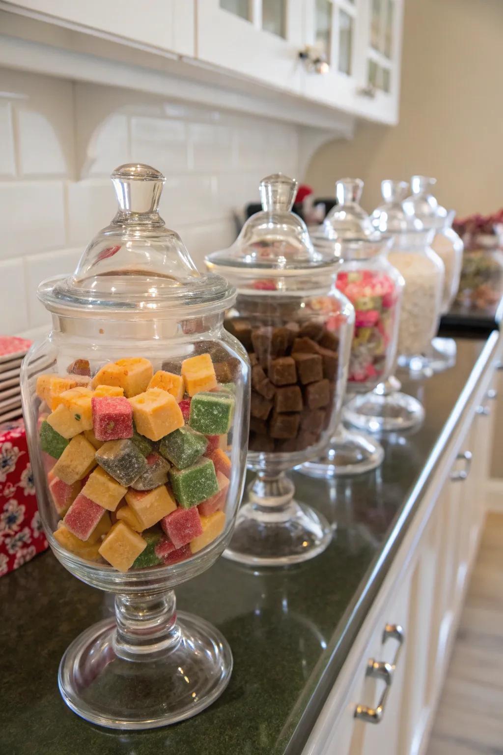 Transparent glass vessels showcasing vibrant sweet squares.