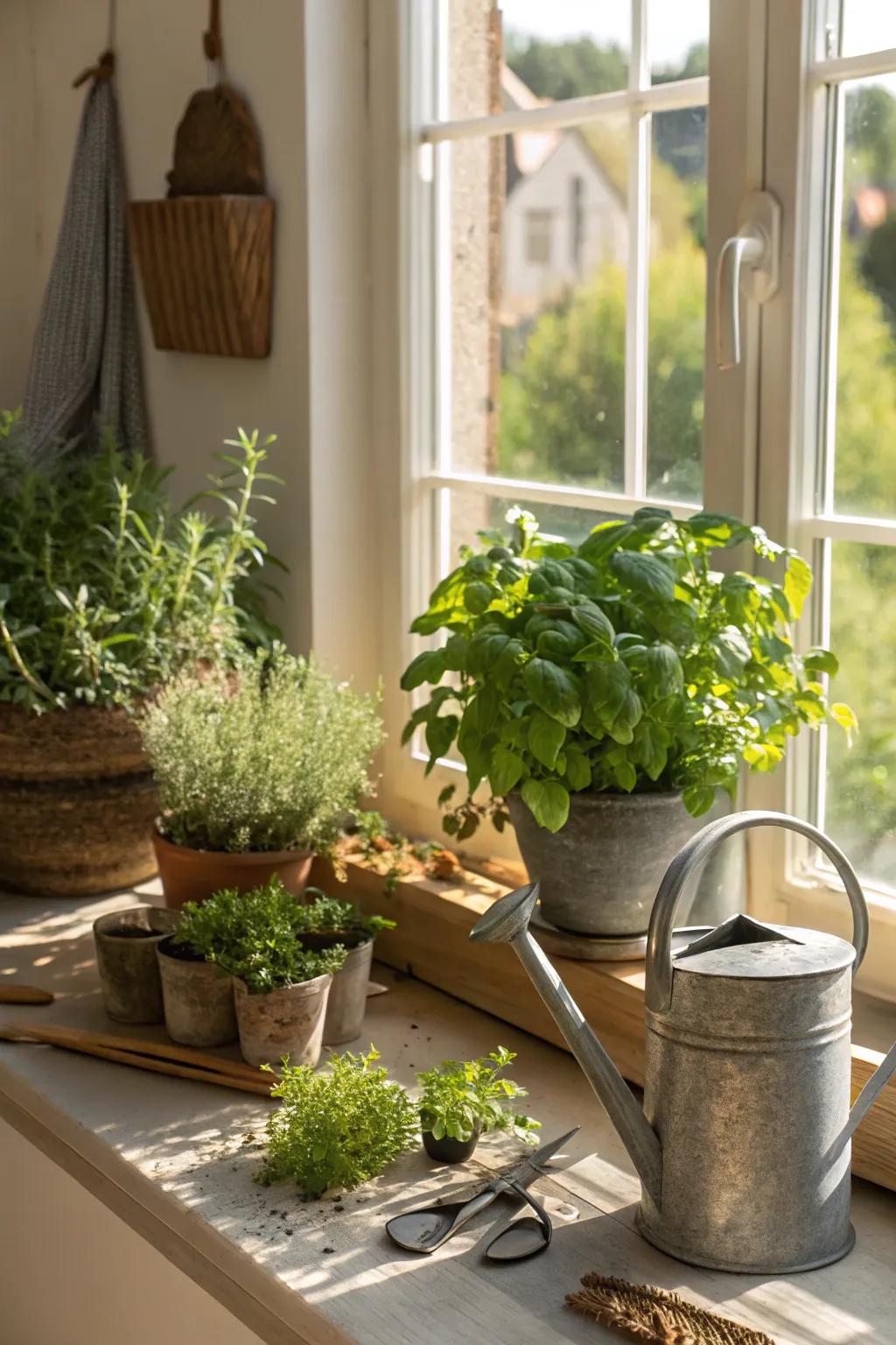 A thriving herb display that enhances both the kitchen's charm and family activities.