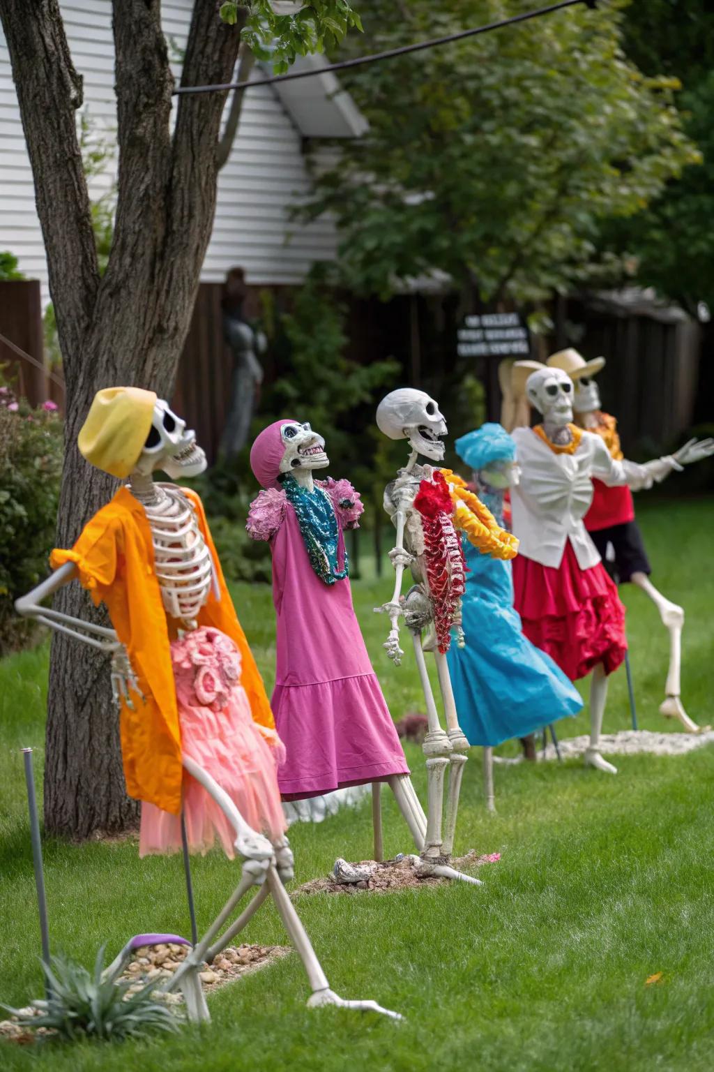 Skeletons strutting their stuff in a backyard fashion show.