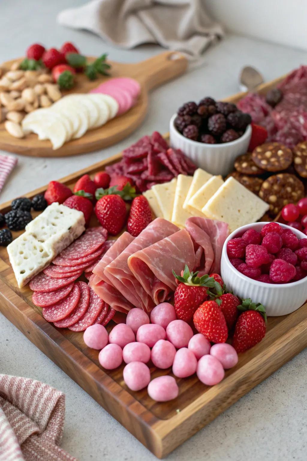 A wonderfully arranged snack board, ideal for Galentine's Day.