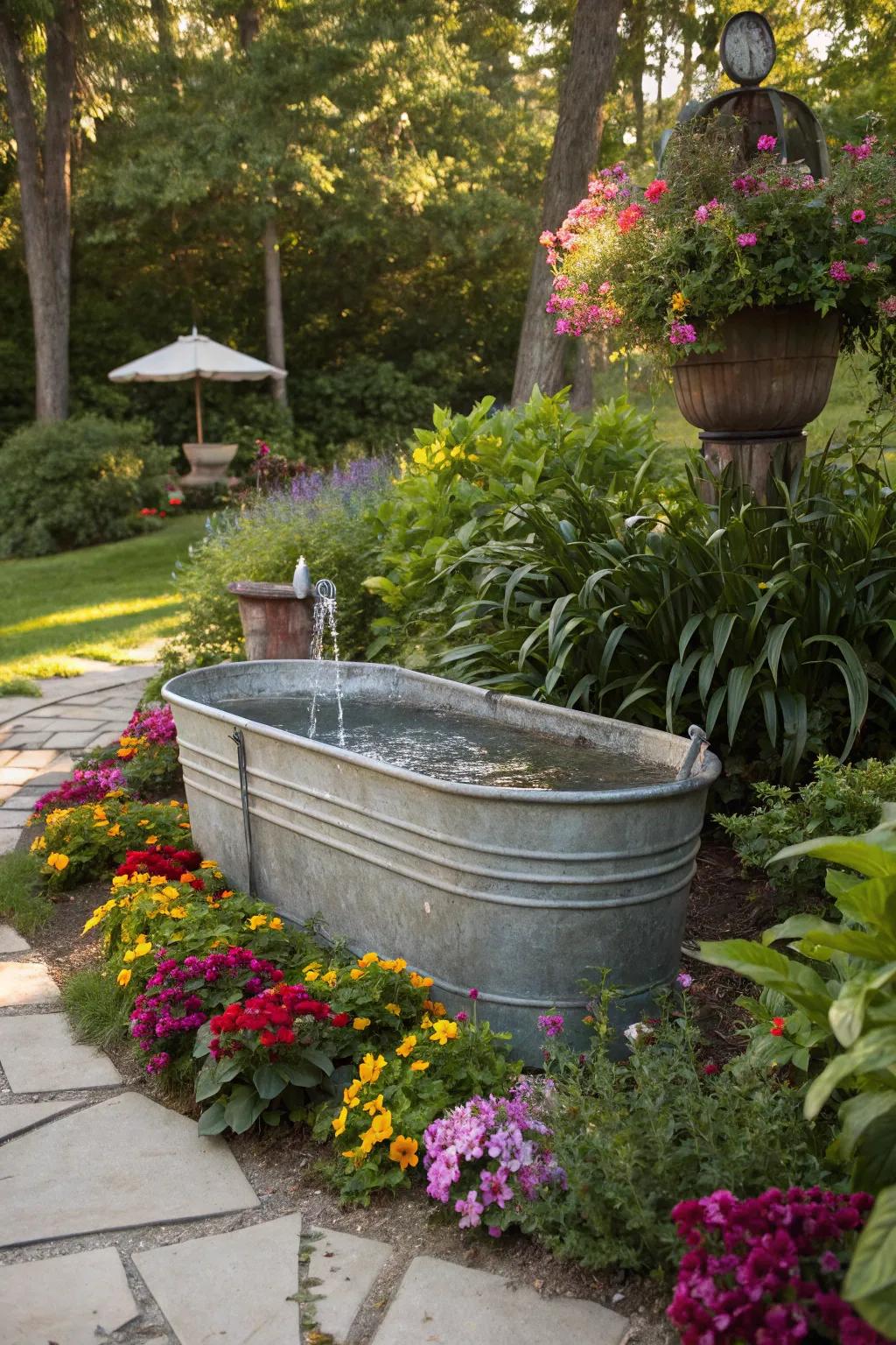 A metal basin fountain acts as a mesmerizing garden focal point.