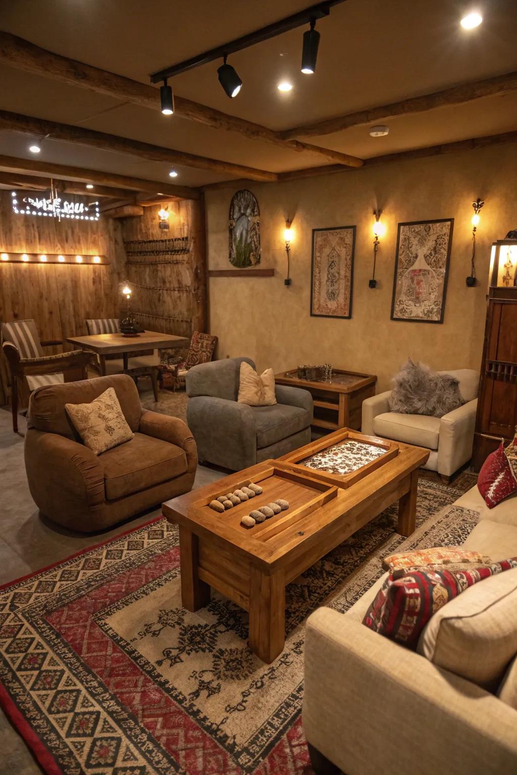 Earthy tones develop a warm and inviting game room setting.