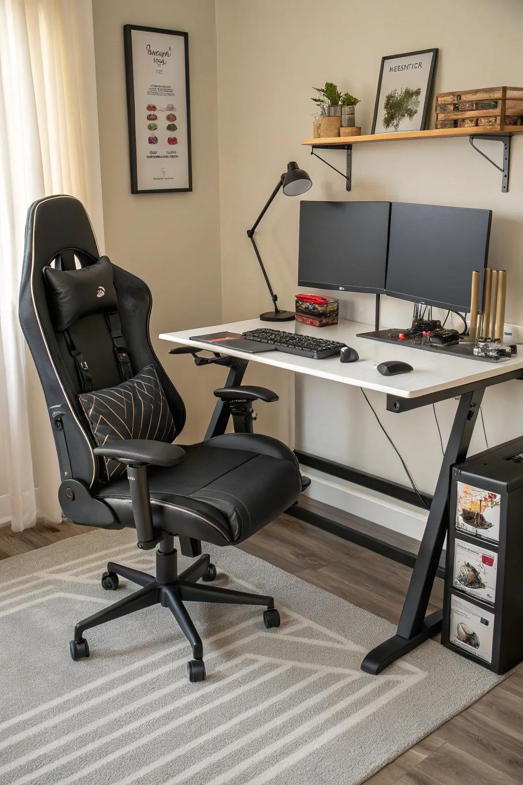 Ergonomic furniture ensures comfortable support for lengthy gaming sessions.