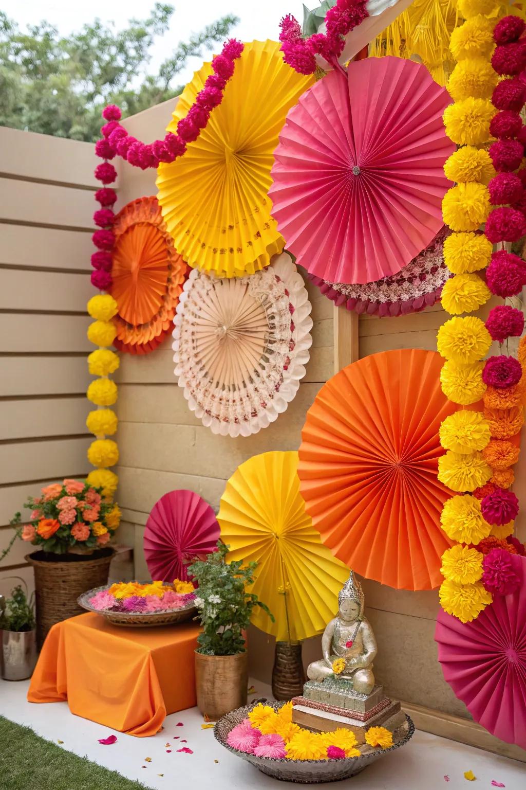 An energetic scene of paper flowers and disks, introducing a playful element to Ganesh Chaturthi festivities.