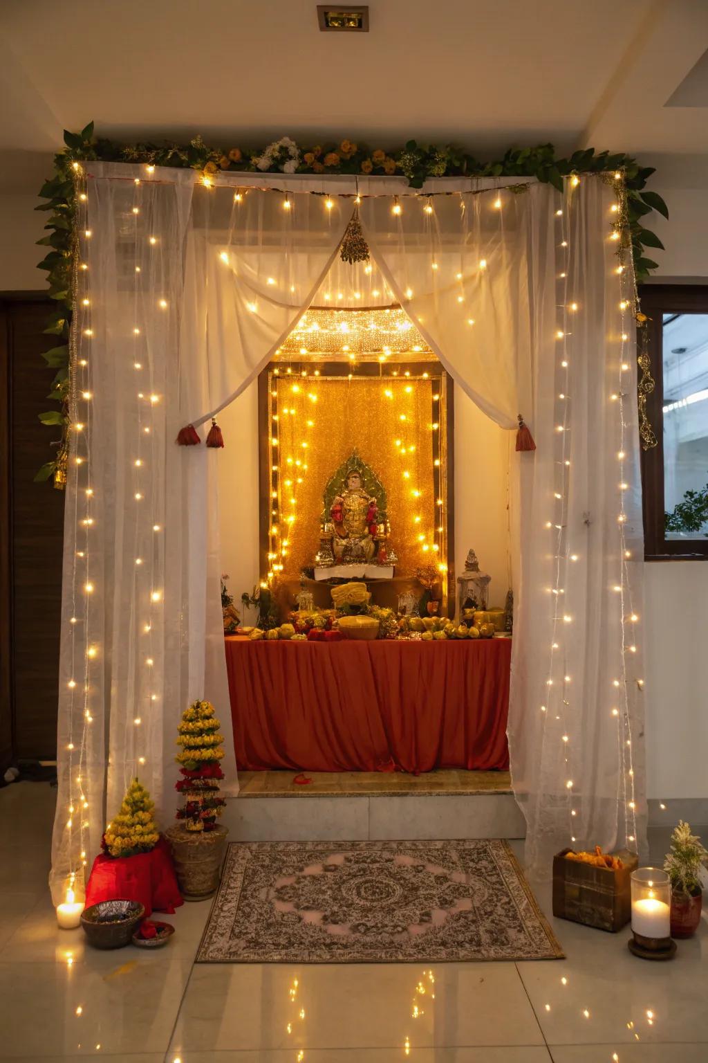 Delicate lights paint a magical shimmer over the Ganpati altar.