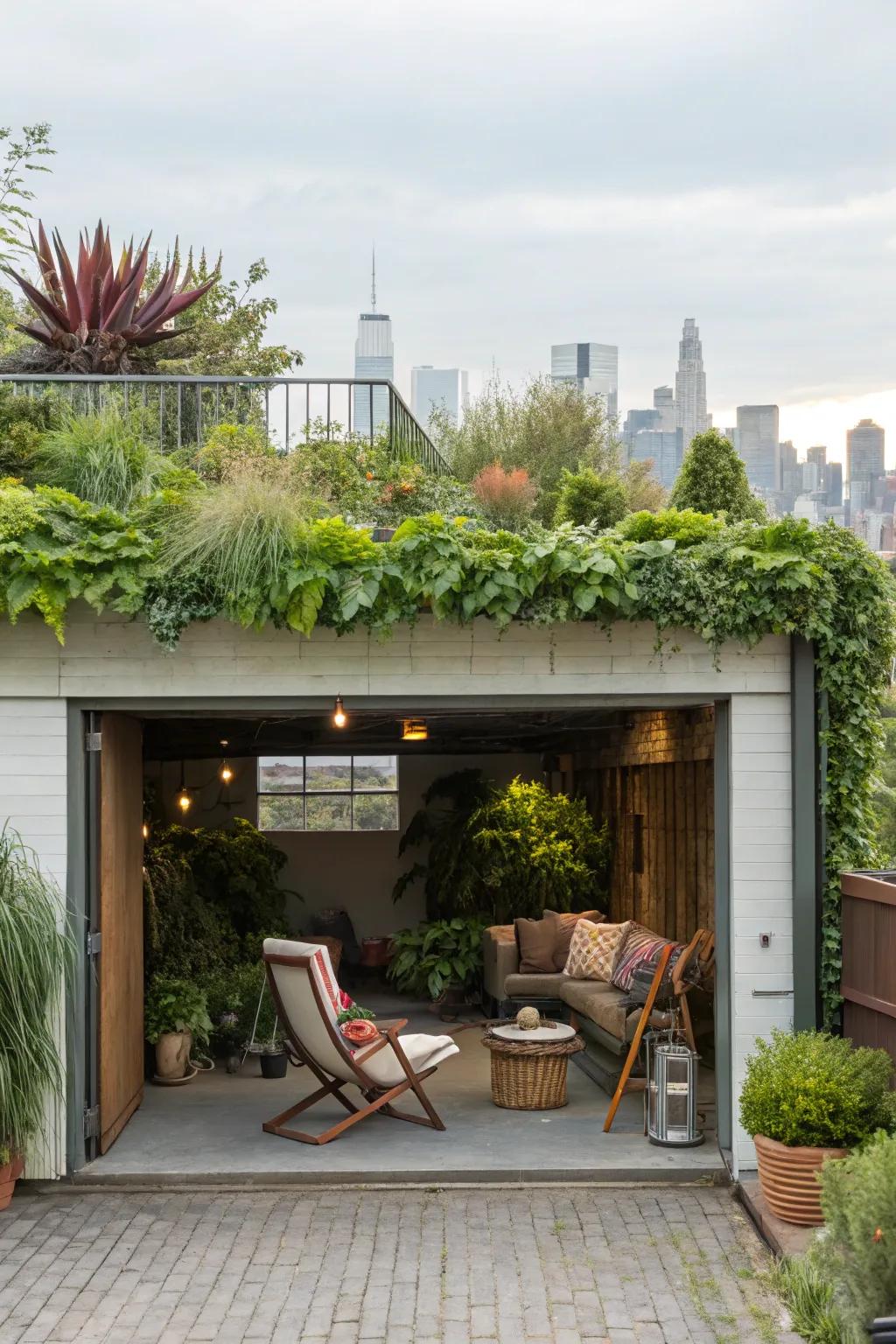 A garage adorned with a vibrant rooftop garden.