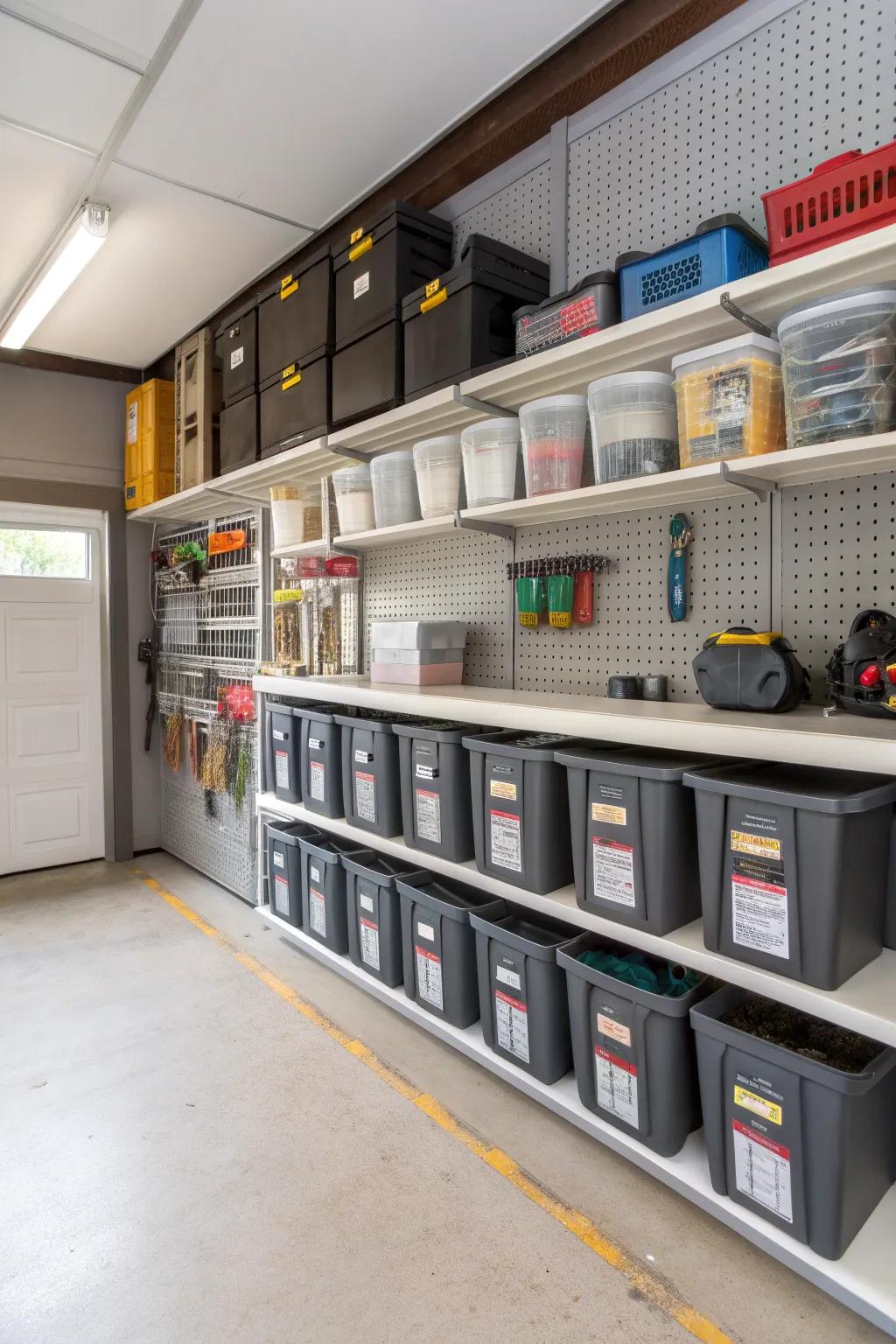 Smart storage solutions ensure the garage remains tidy and organized.