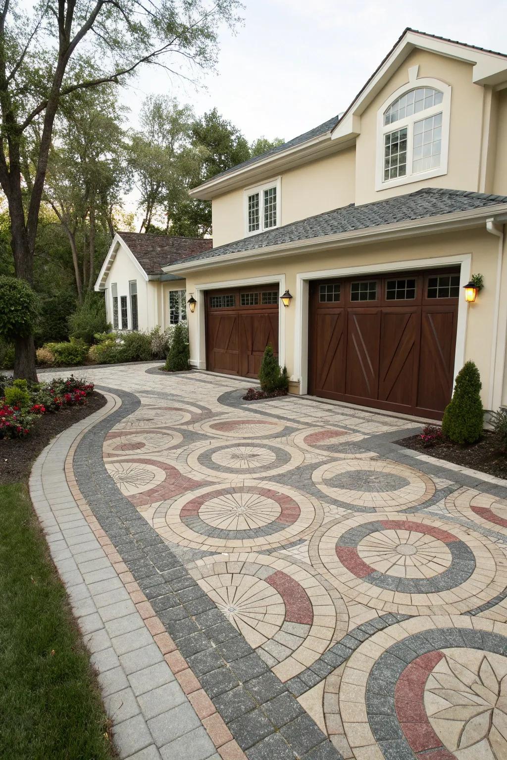 Designed pavers that contribute a hint of artistry to the driveway.