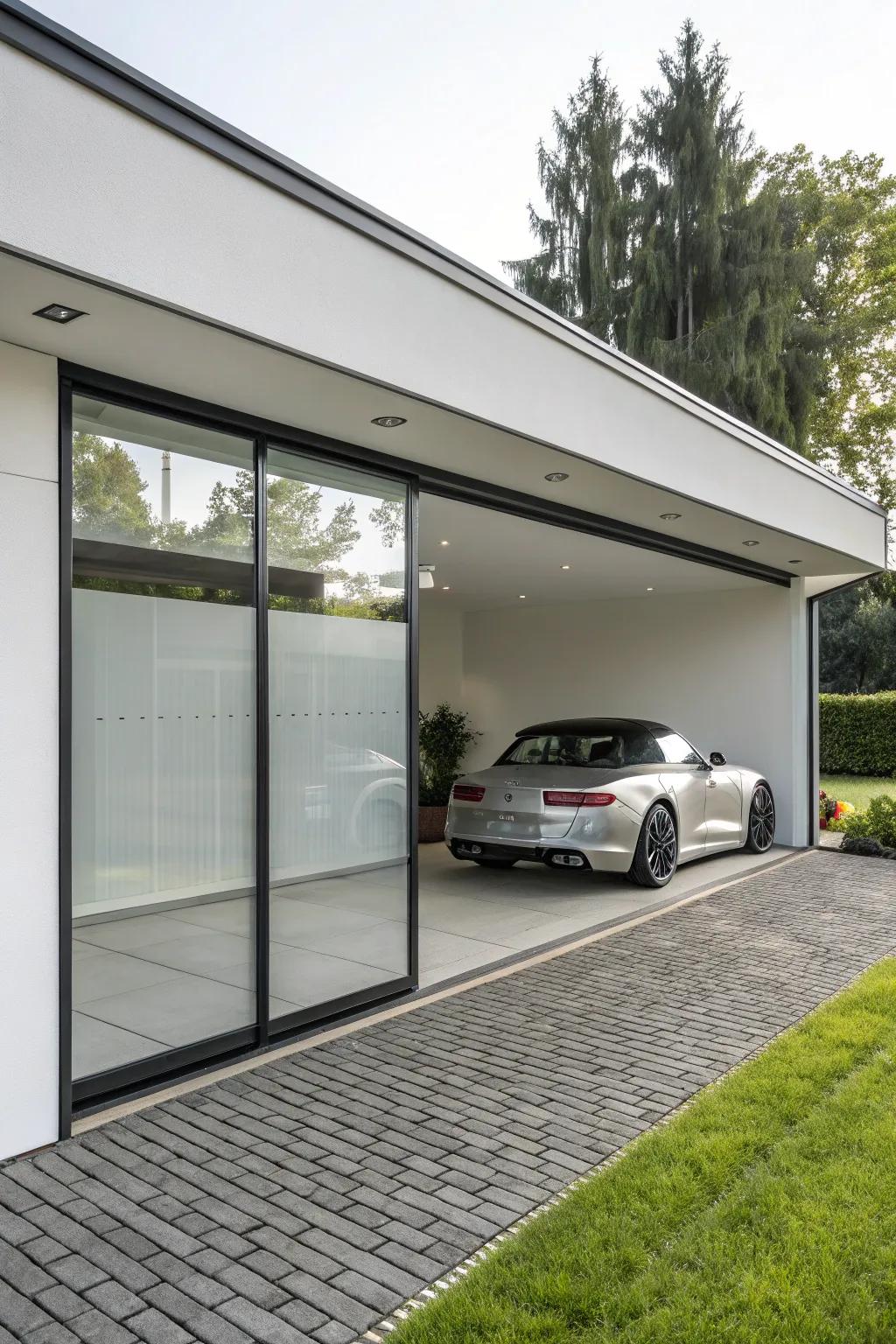 A contemporary garage showcasing elegant glass doors for increased natural light.