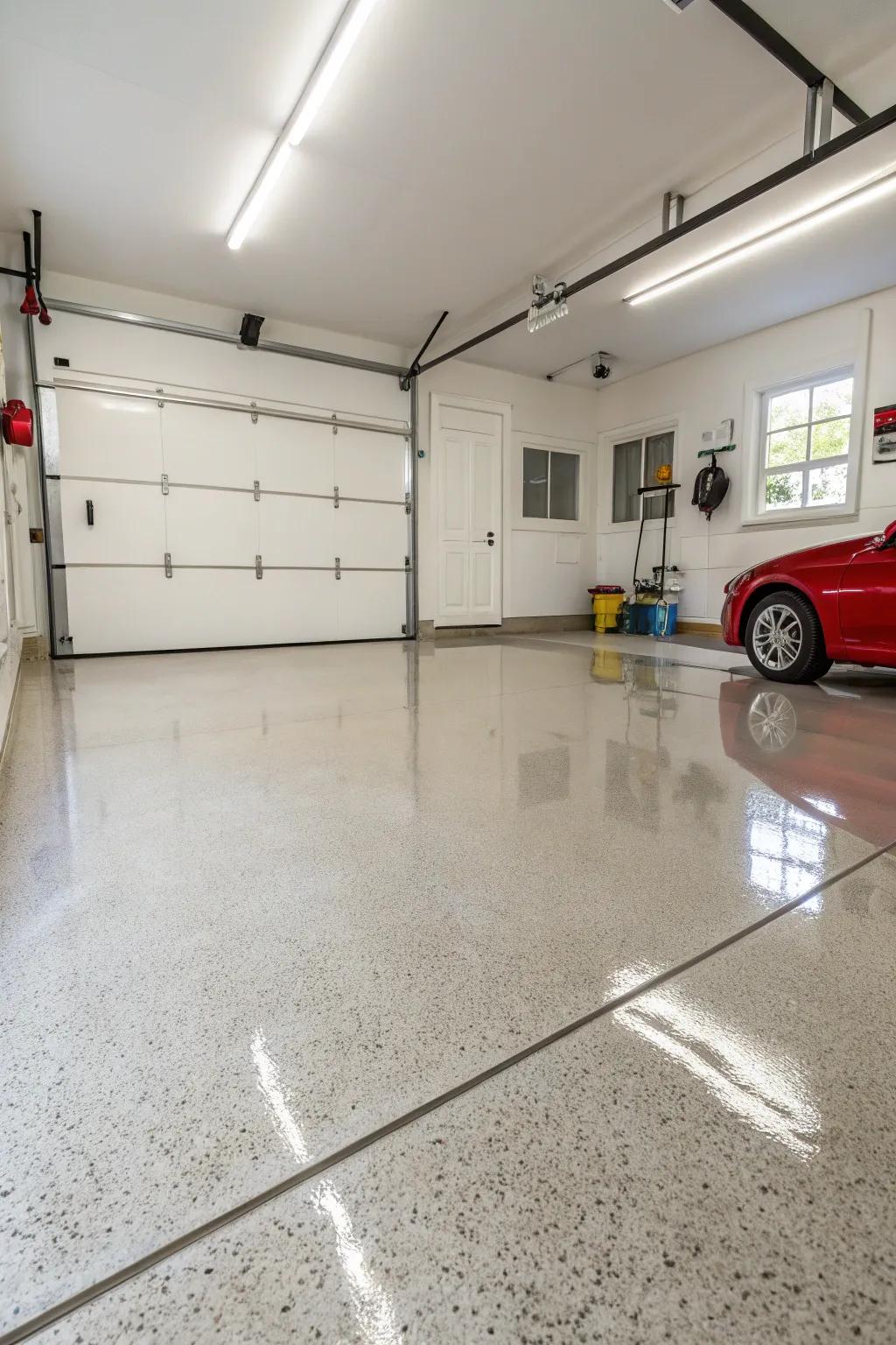 Epoxy floor covering provides the garage a sleek and refined look.