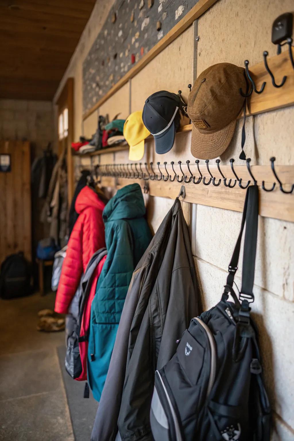 Hangers and hooks offer effortless access to commonly used items.