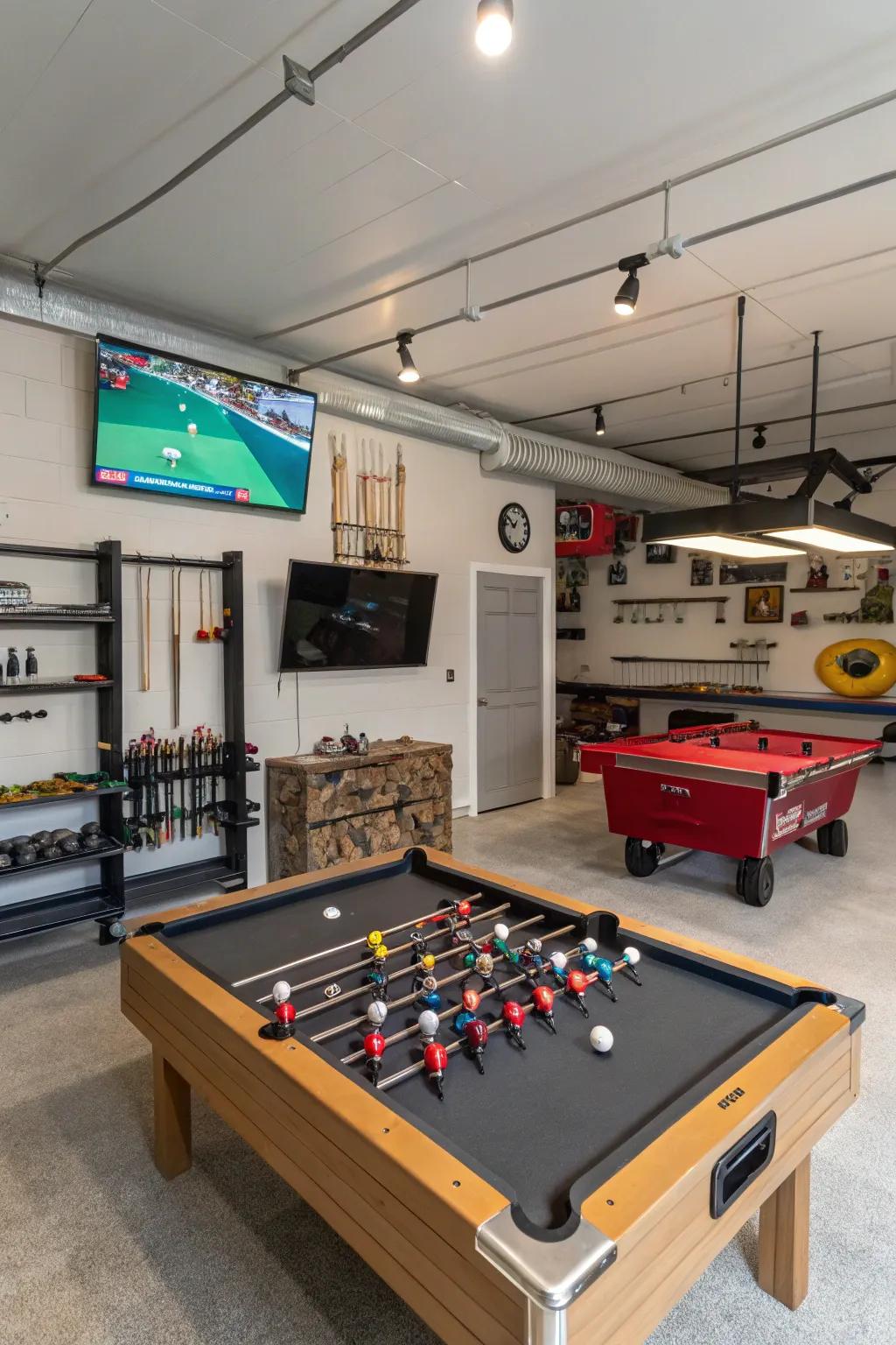 Design a vibrant game room in your garage with a TV and interactive games.