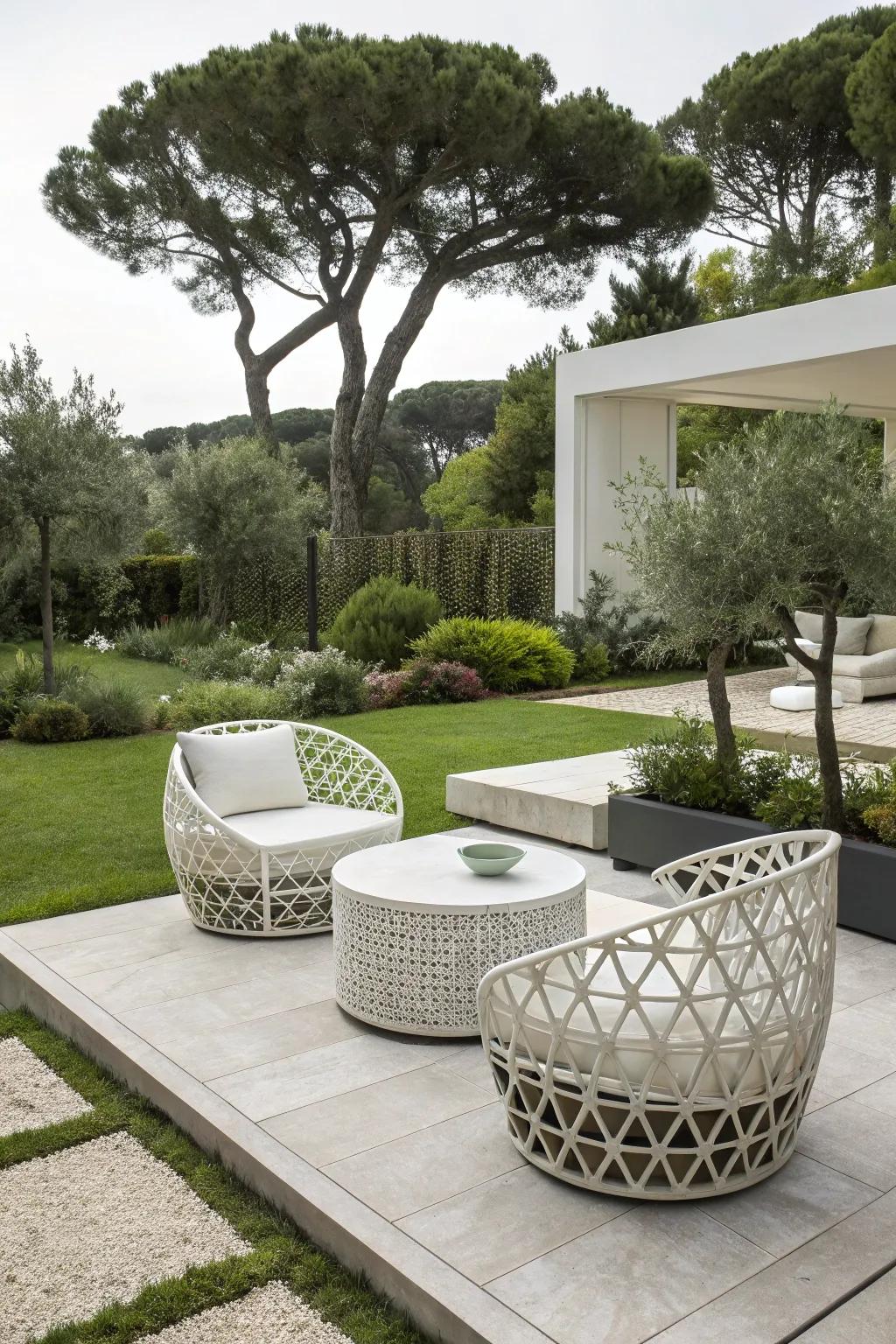 A contemporary garden design highlighting refined forms and modern aesthetics.