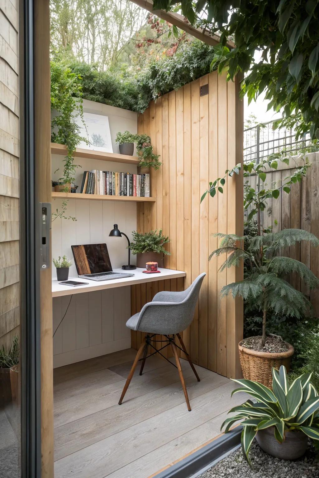 A small-space corner garden office, utilizing the space smartly.