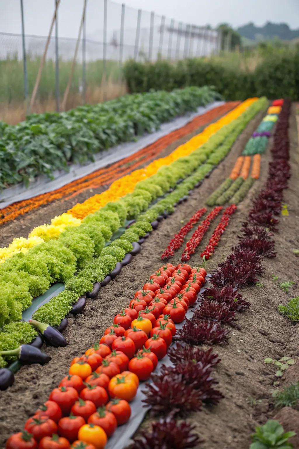 A garden plot showcasing vegetables arranged in a striking color pattern.