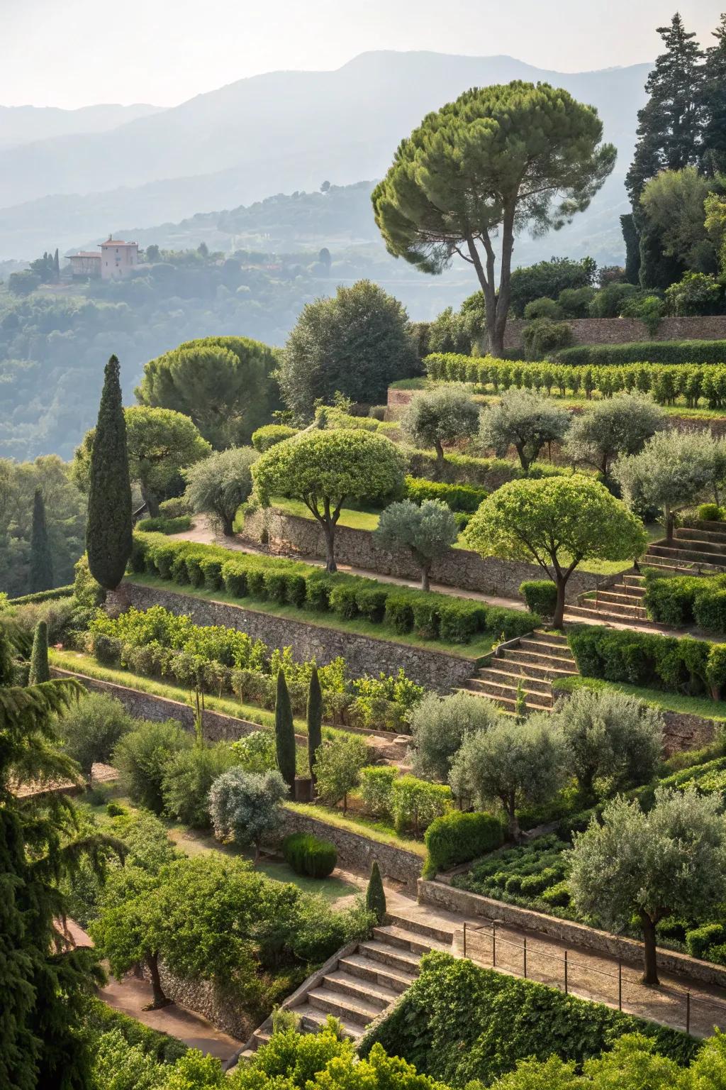 Tiered garden beds using trees as centerpieces.