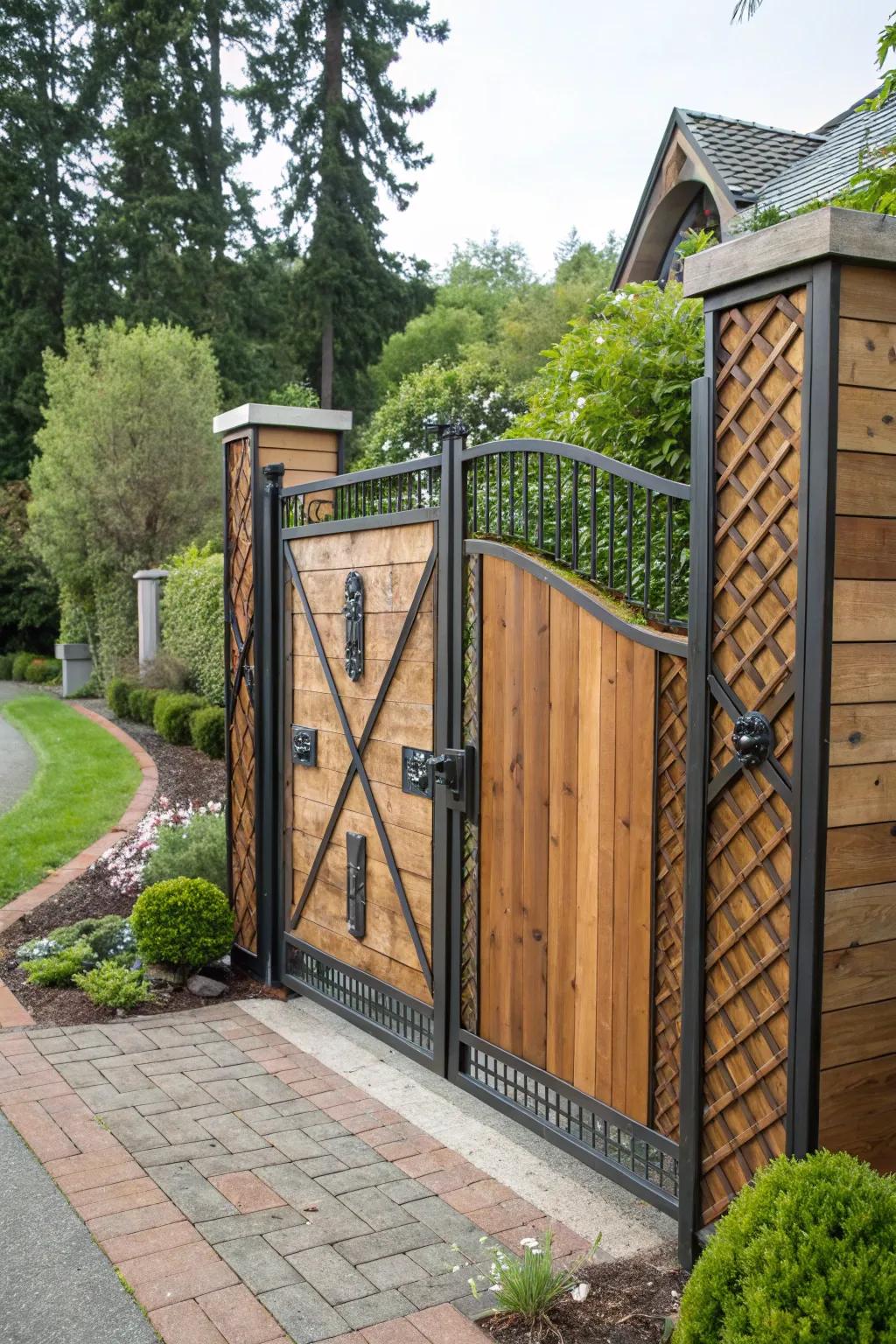 An impeccable fusion of wood and metal for an impressive entryway.