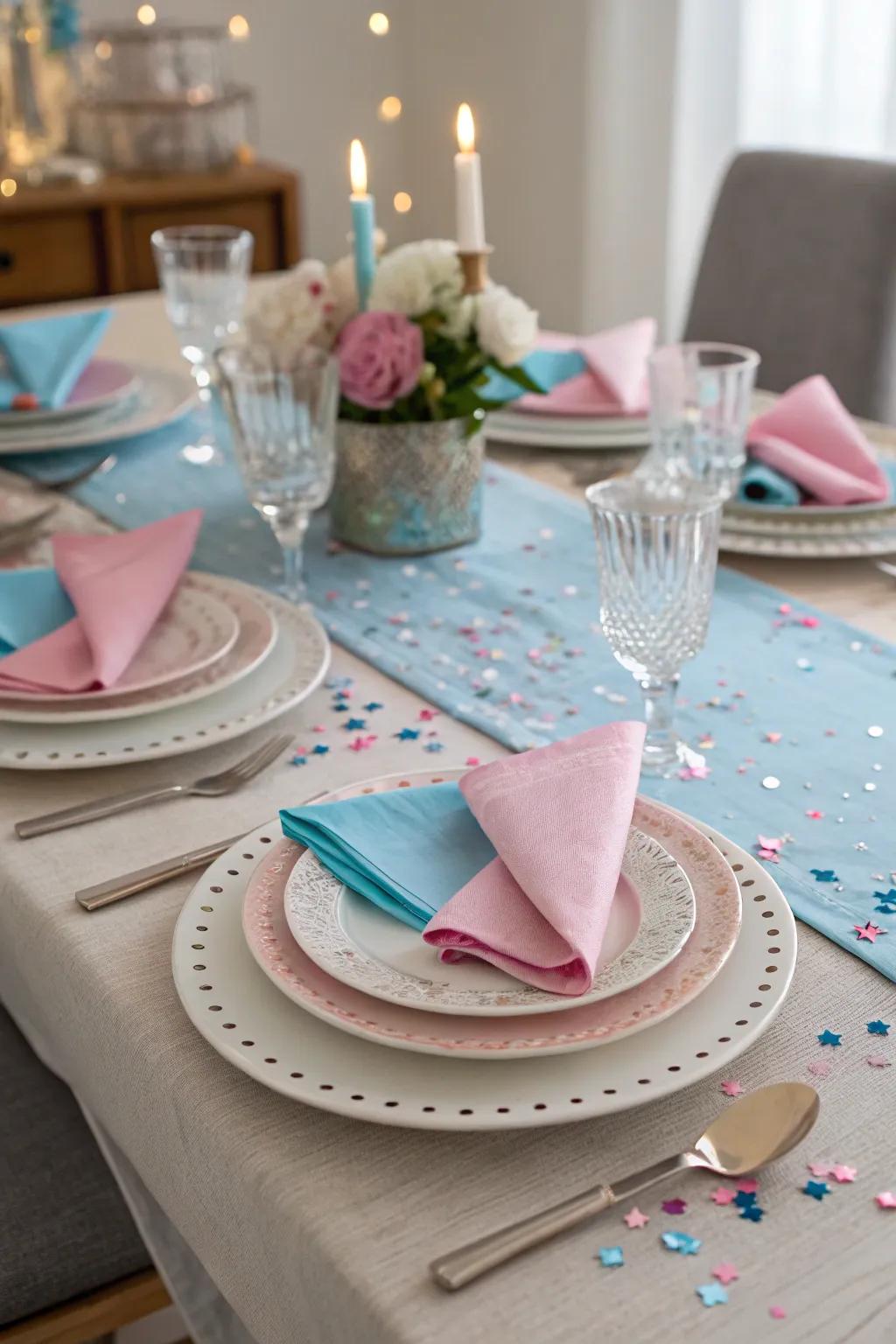 An elegant tablescape creates the perfect atmosphere for a sophisticated gender reveal celebration.