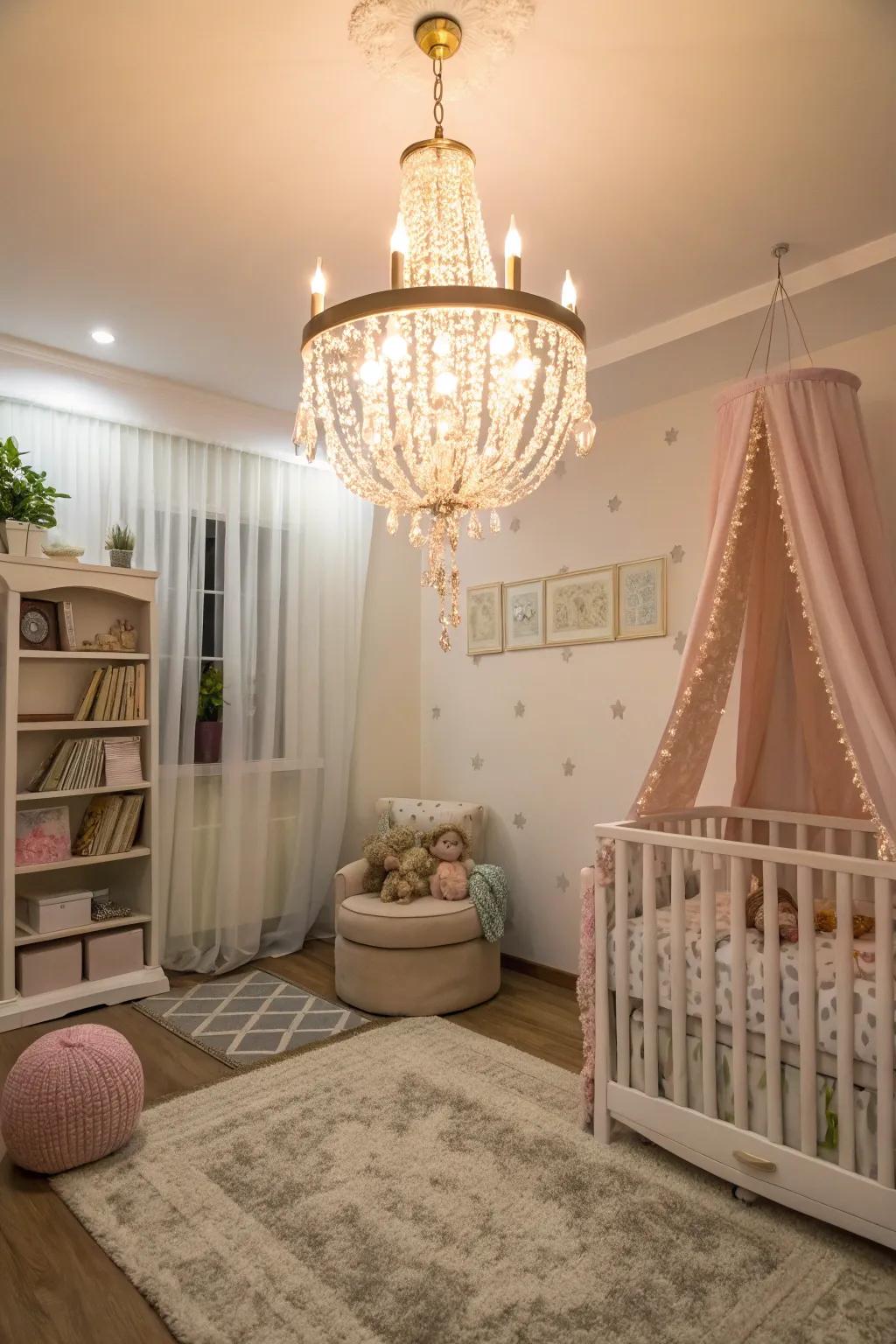 A chandelier adds elegance and warmth to the nursery.