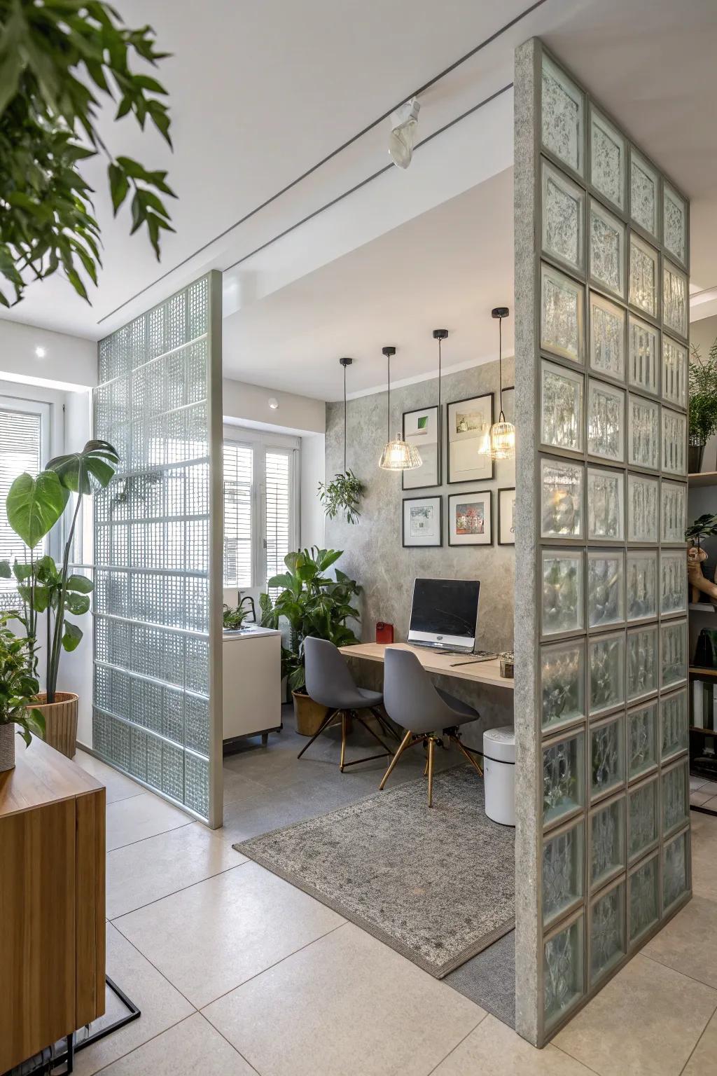 A modern home office features prism panel wall dividers, mixing style and function.