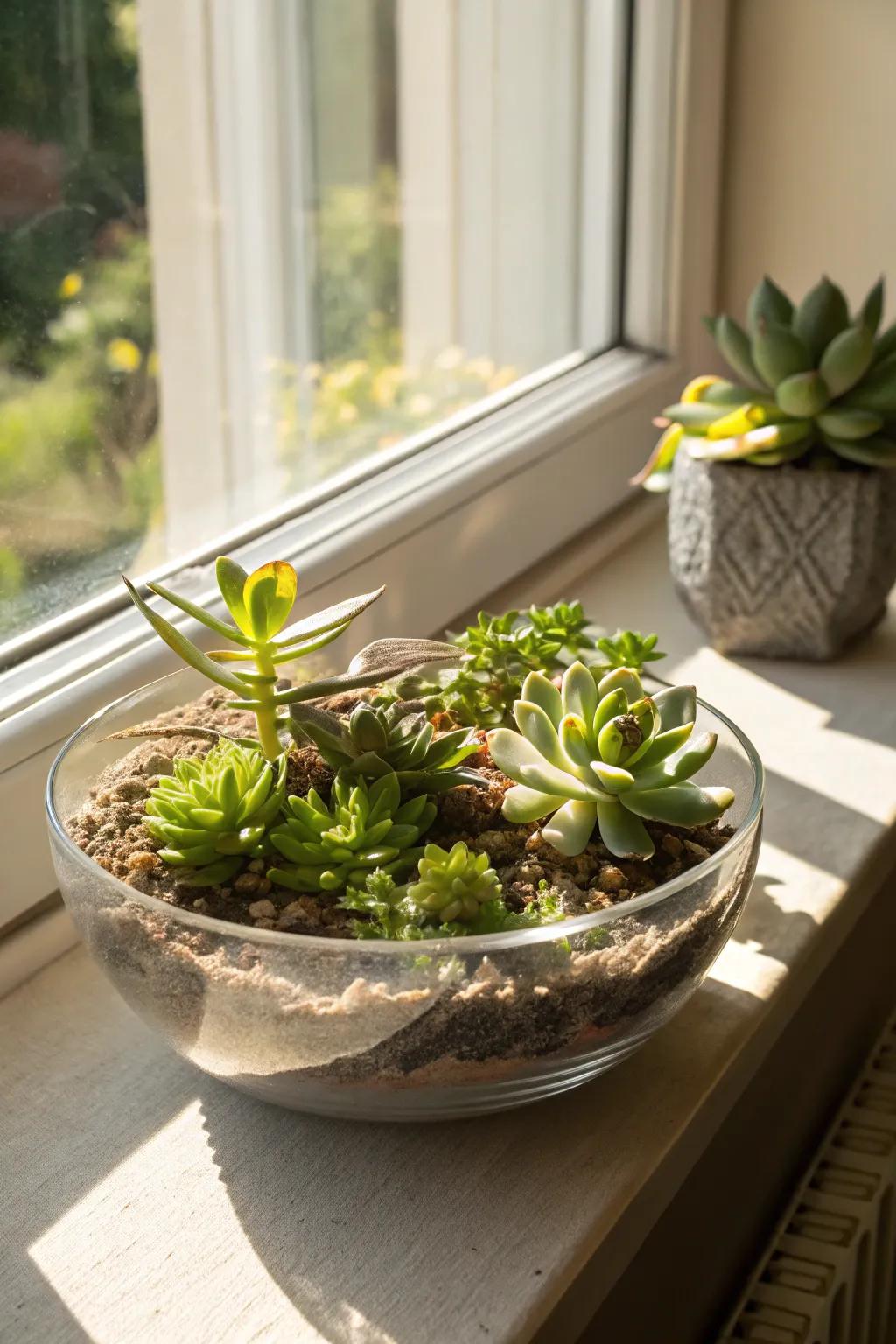 Petite succulents nestled in a glass bowl, adding a refreshing touch of greenery.