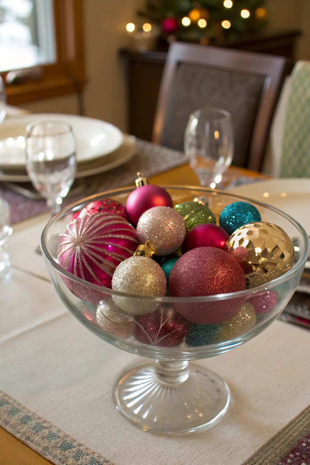 A vibrant arrangement featuring a collection of Christmas spheres in a glass bowl.
