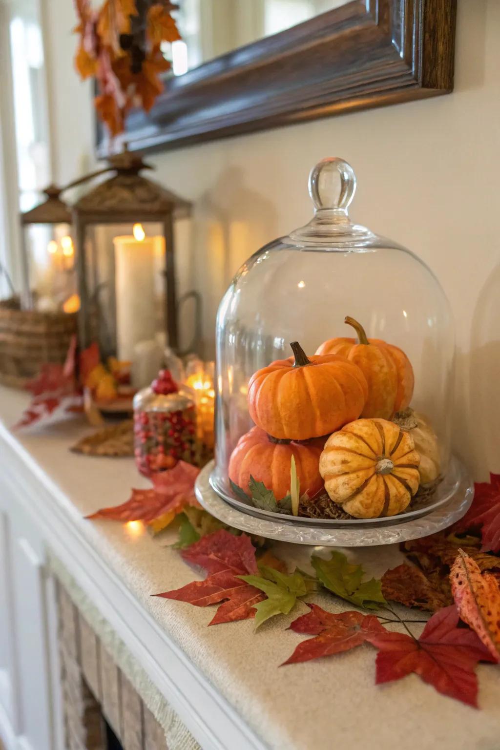Seasonal decorations such as miniature pumpkins and foliage bring autumn charm under a glass cloche.