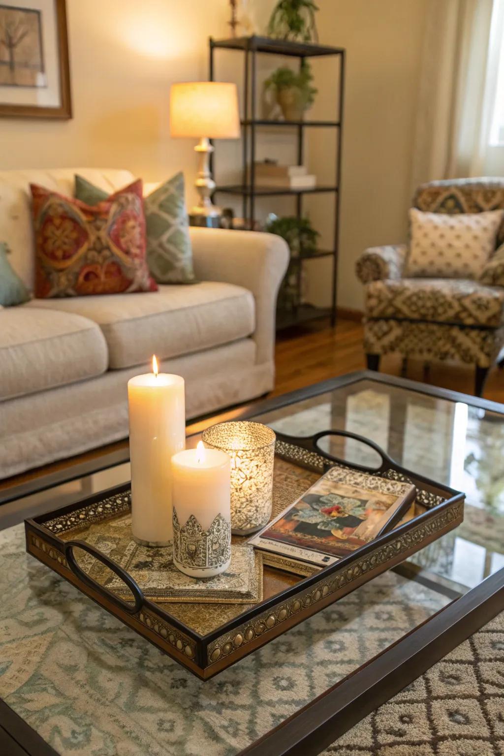 A tray enhances elegance and order on a glass coffee table.