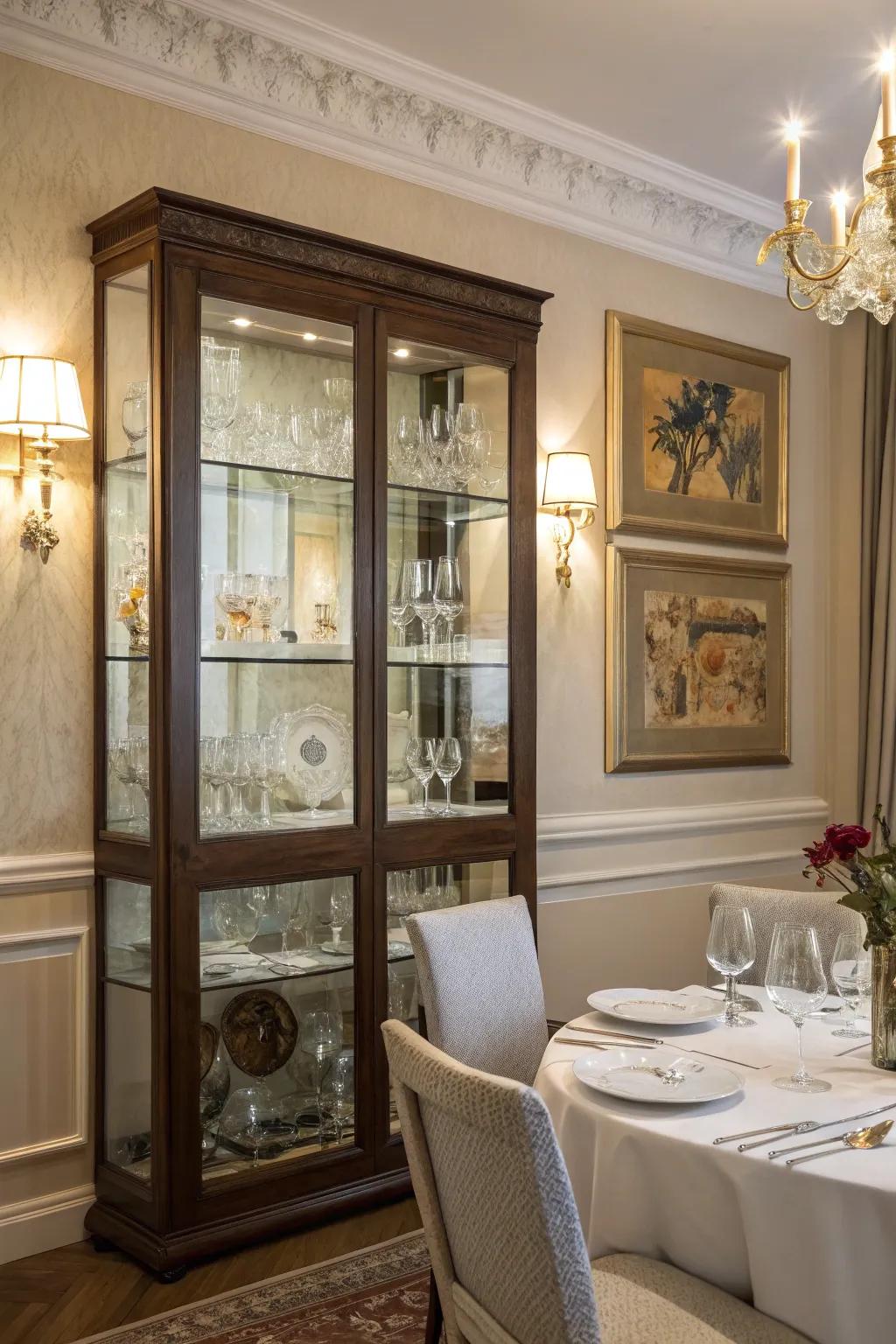 An elegant glass-front cabinet showcasing beautiful glassware.
