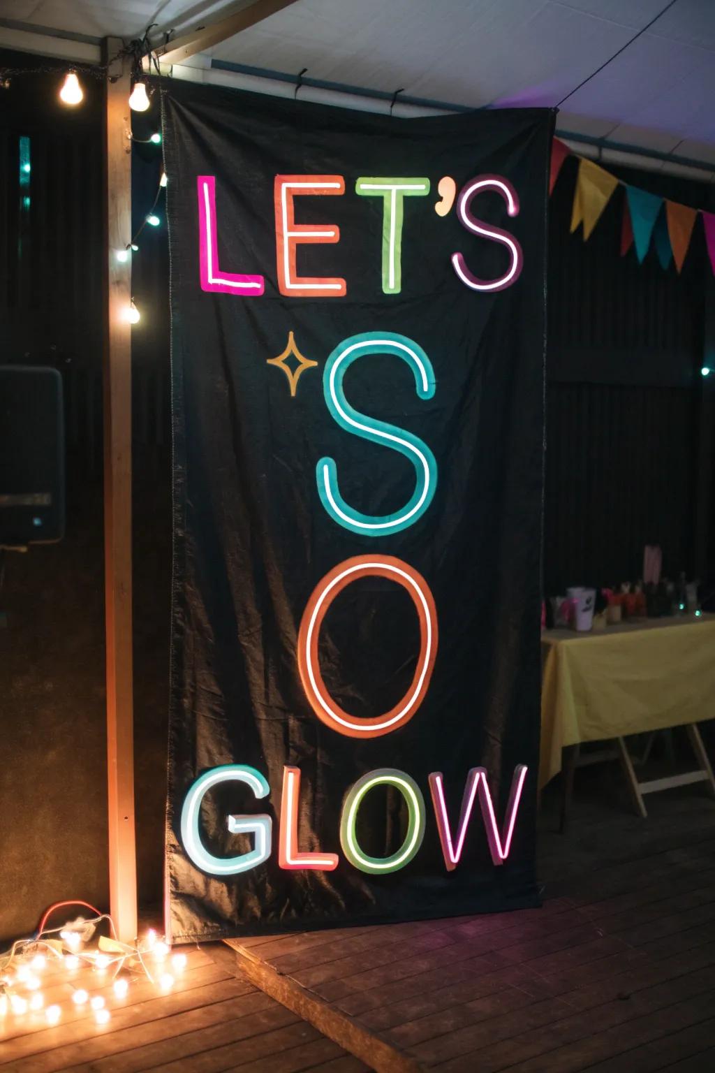 A neon banner establishes the vibe for your radiant festivity.