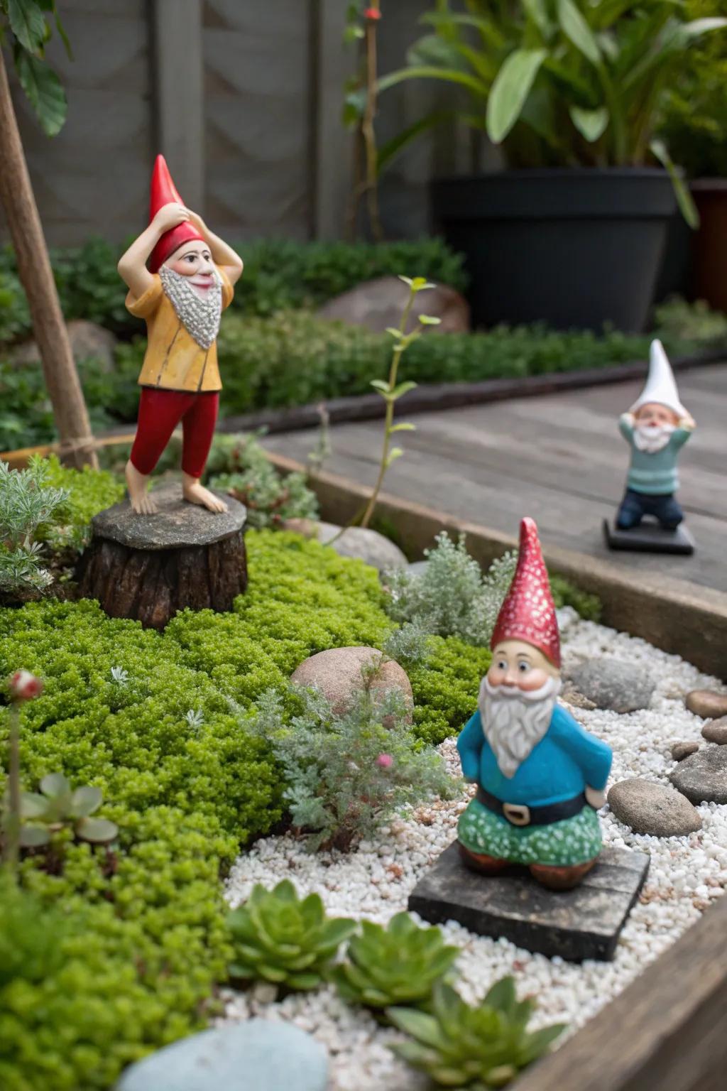A tranquil gnome yoga space nestled in nature.