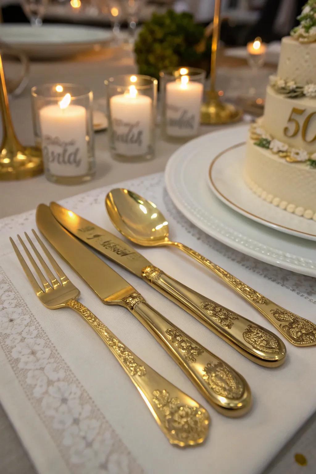 Customized golden utensils add a thoughtful detail to the occasion.