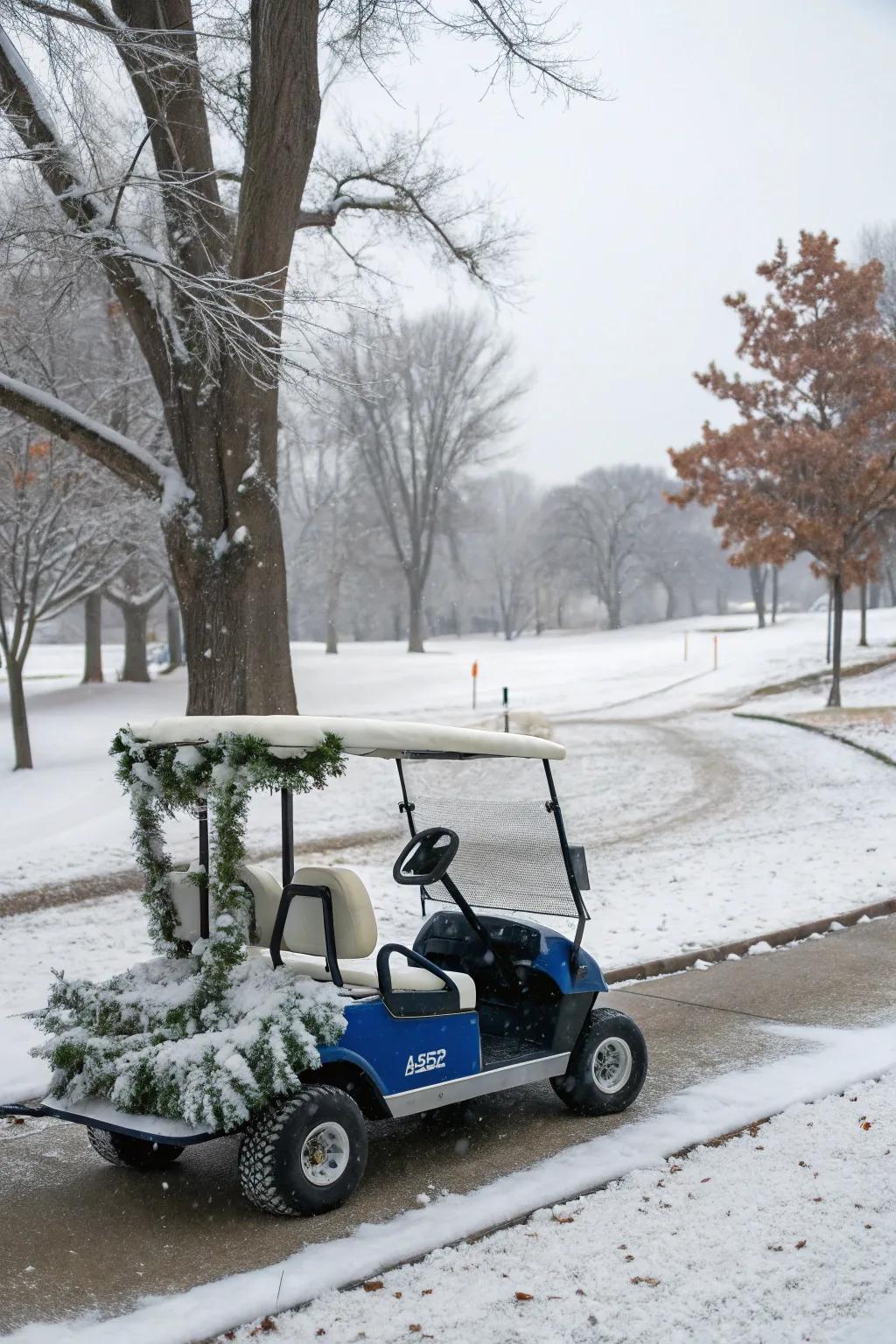 A golf cart transformed into a mobile winter wonderland.