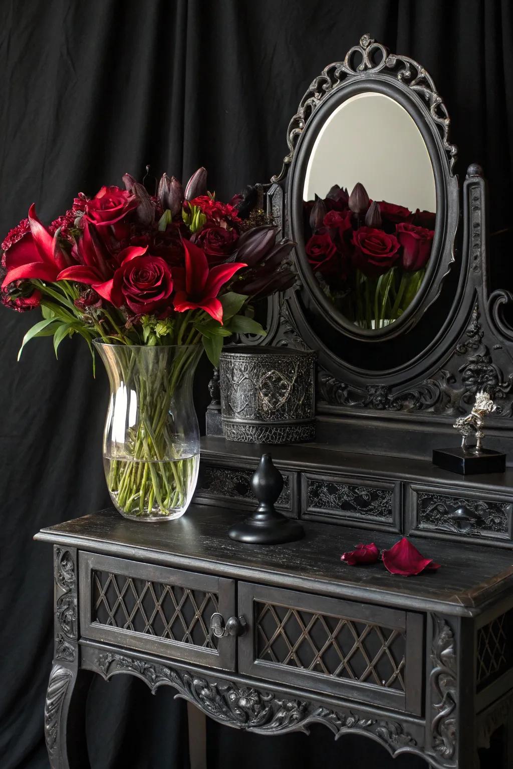 Dark florals bring a natural drama to your gothic vanity.